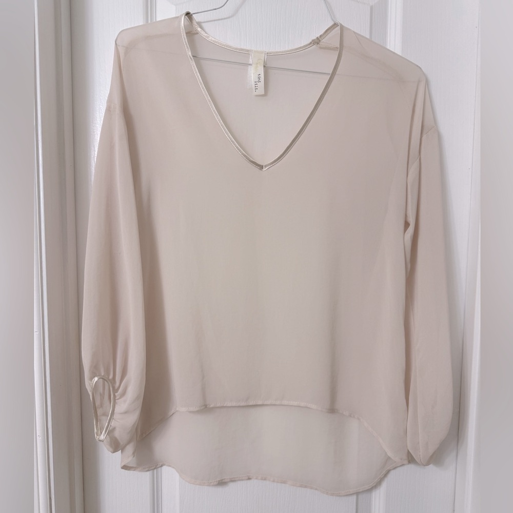 Tini lili beige rose sheer long sleeve blouse satin trim Size M